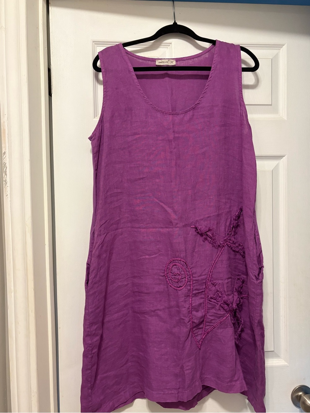 Purple Sleeveless Linen Tunic Dress with Floral frayed liked stitching